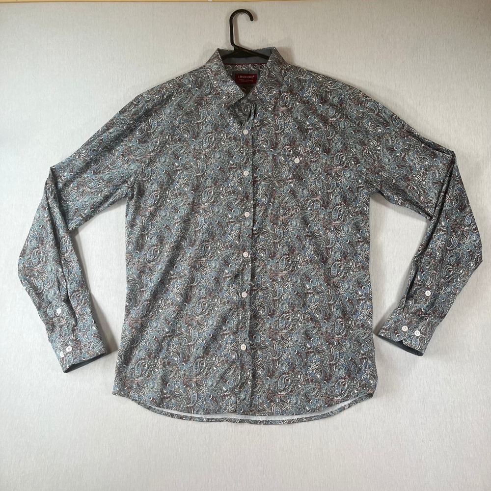 Consequence Paisley Shirt Mens Large Button Down Blue Brown Long Sleeve Stretch